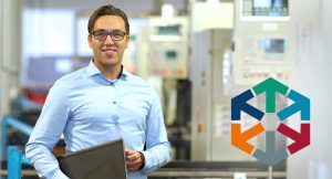 First service employee looks at the camera with laptop in hand