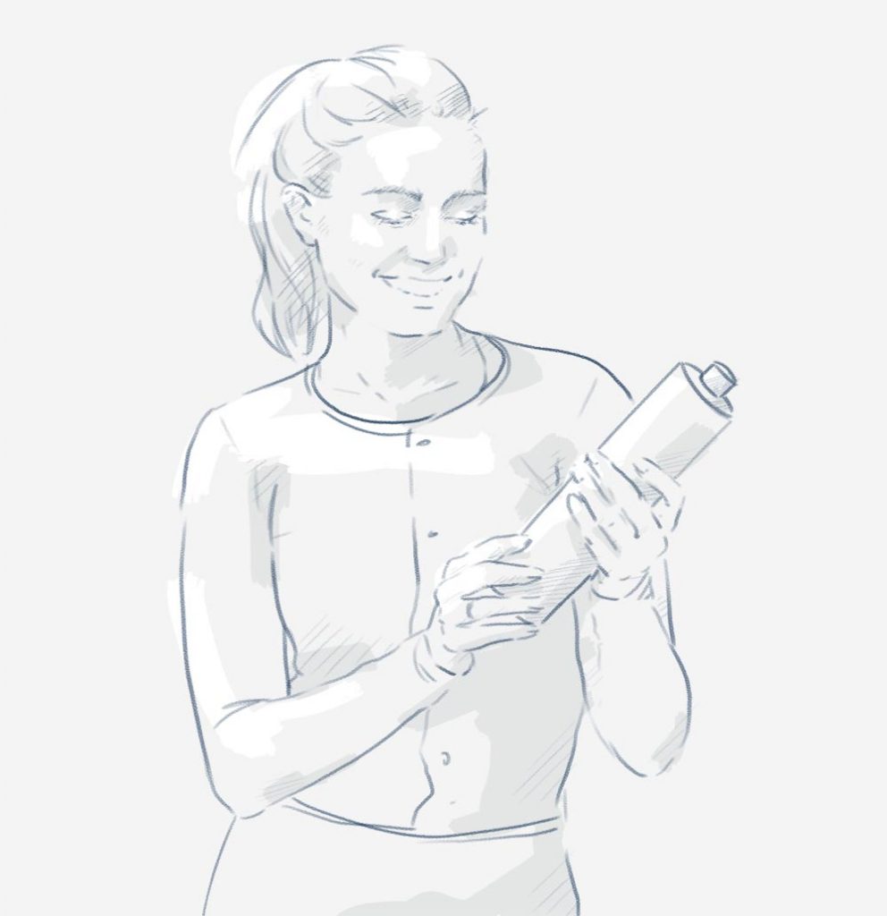 A drawn woman holds a product in her hands.